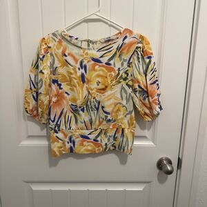 LCW Vision Women's Bright‎ Floral Blouse Short Balloon Style Sleeve Size Small